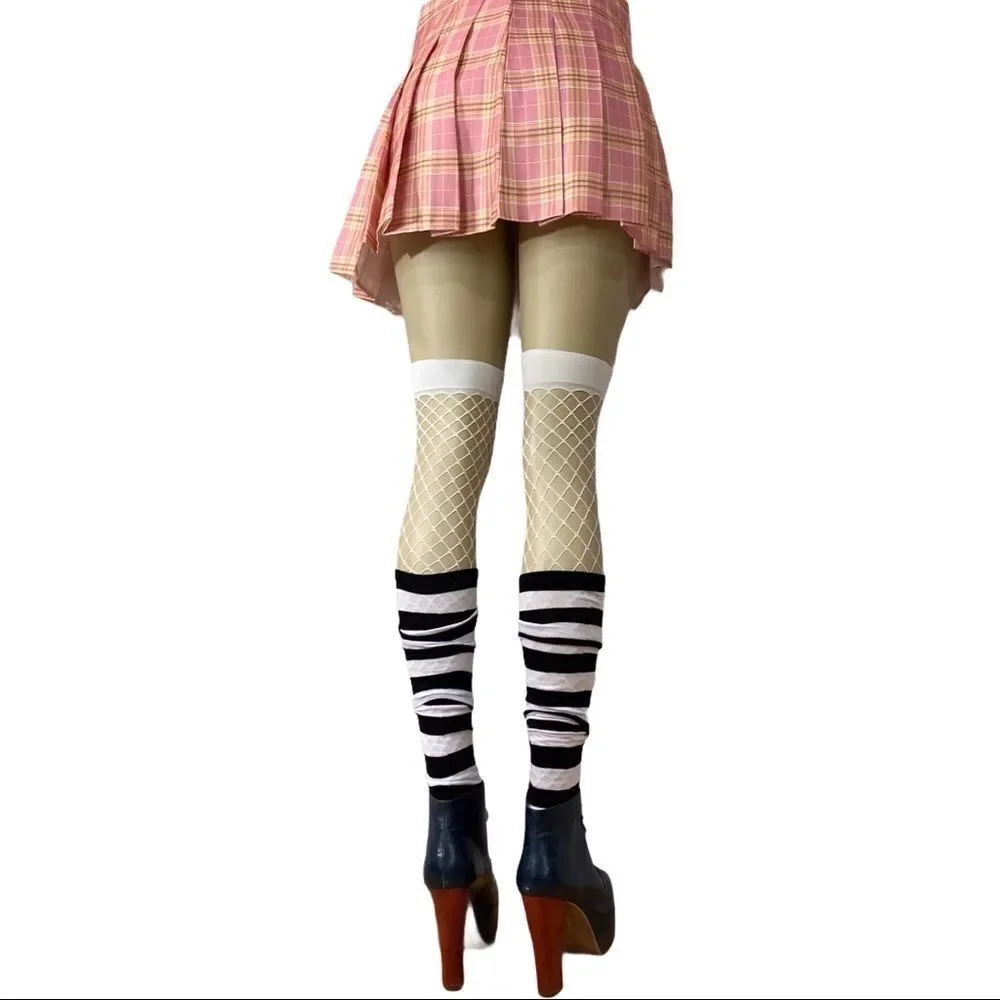 Black & White  Striped Cotton Tall Knee Socks NEW